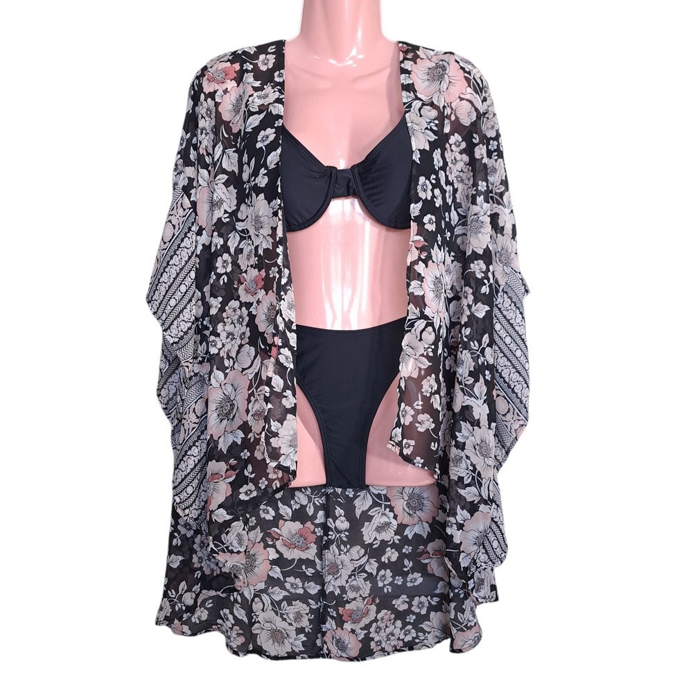 Wallflower Women's Cardigan Black/Pink Size M Floral Kimono Open Cover‎ Up Beach